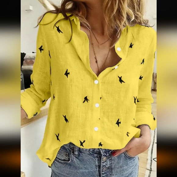 Tops - Yellow Button Down Shirt with Bird Print